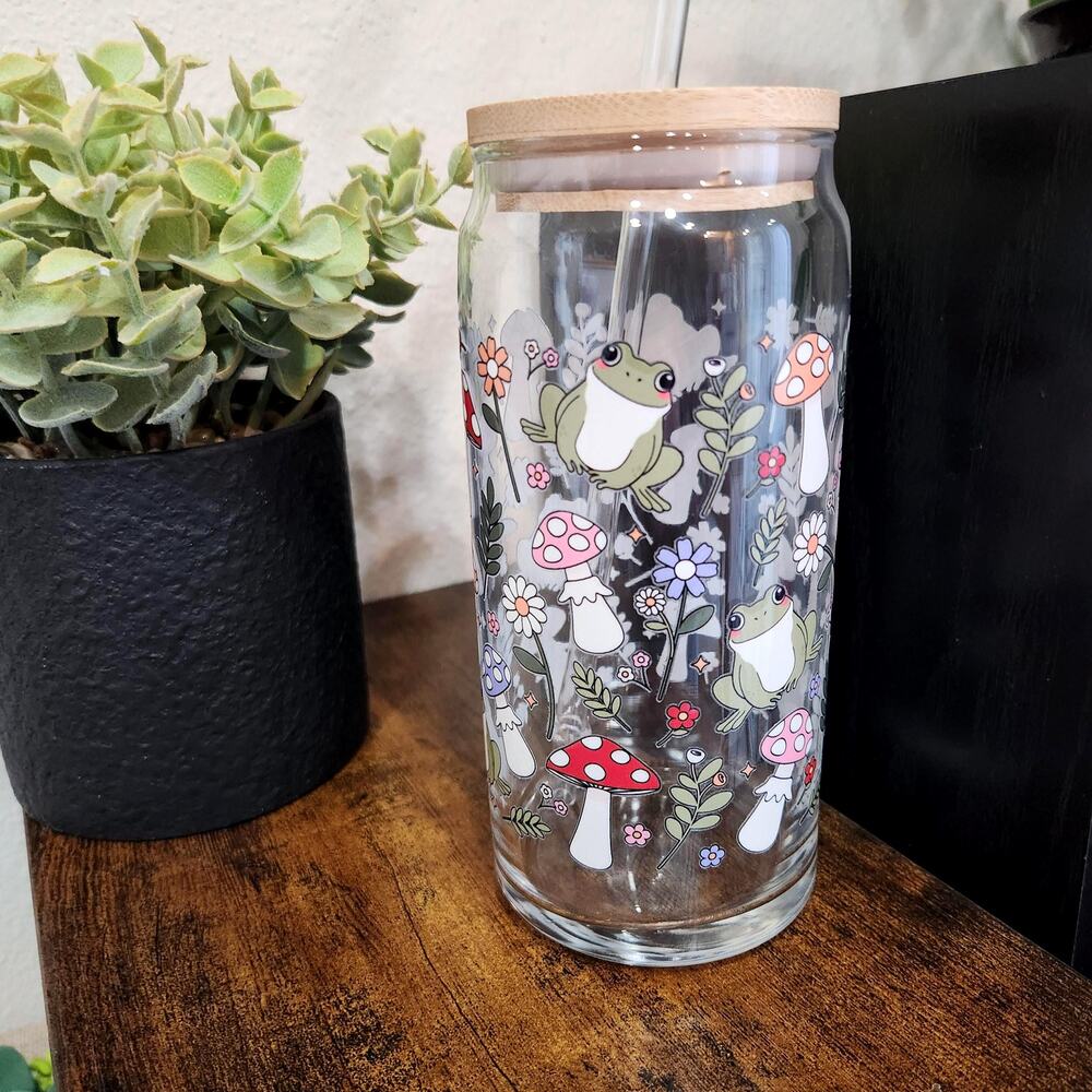 Whimsical Forest Frog Glass Tumbler 20 oz Iced Coffee Cup Mushroom Cottagecore
